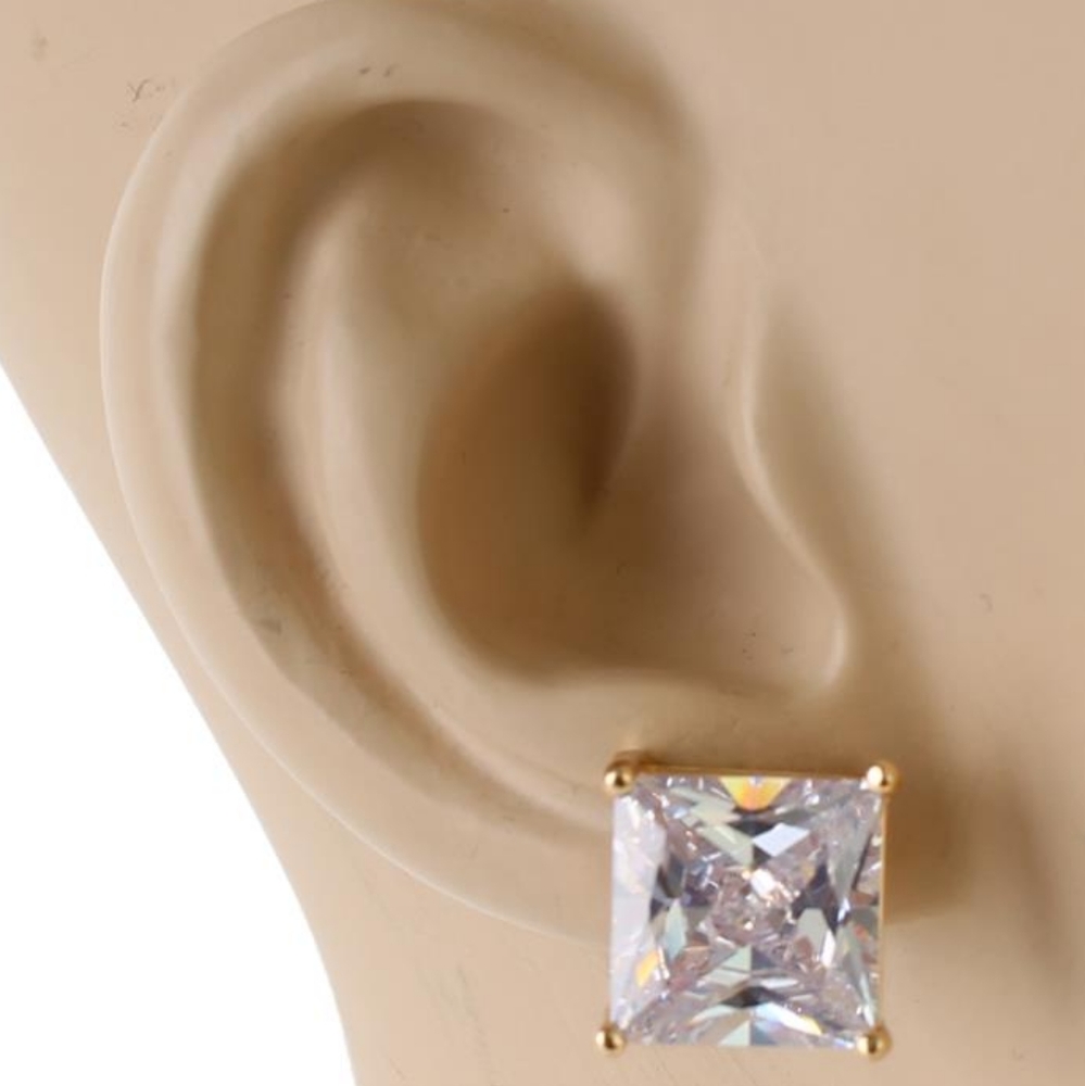 Gold 11 mm Crystal Cubic Zirconia Square Earrings